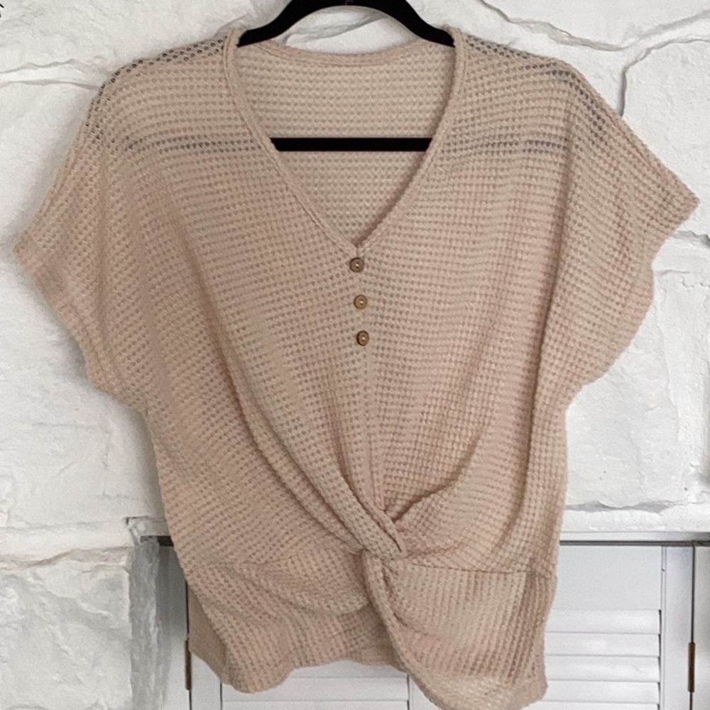 Tan knit top medium by SHEIN with stretch twist detail in front v neck